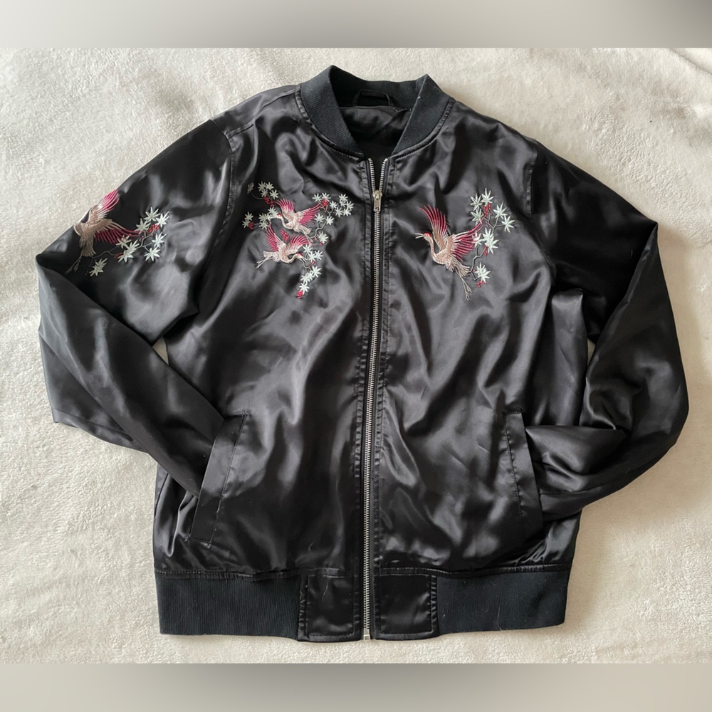 Unbranded | Black Bomber Jacket with Bird Embroidery